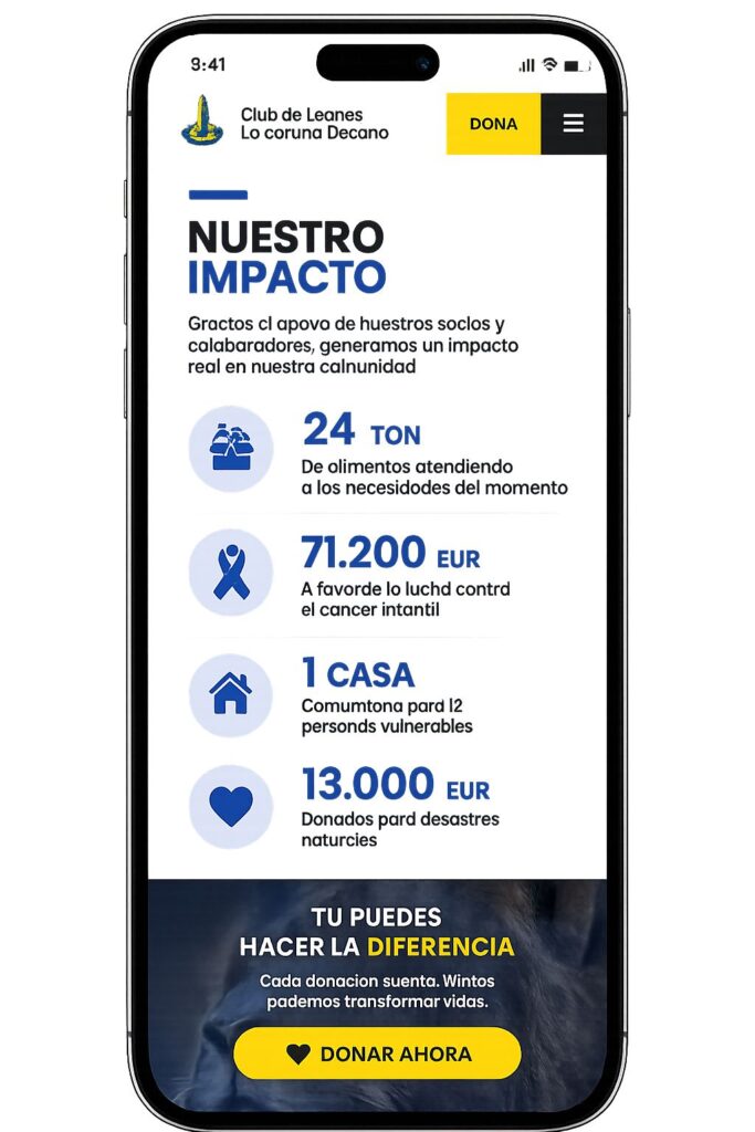 “Vista móvil de la nueva web del Club de Leones La Coruña Decano mostrando su impacto social y botón de donar”